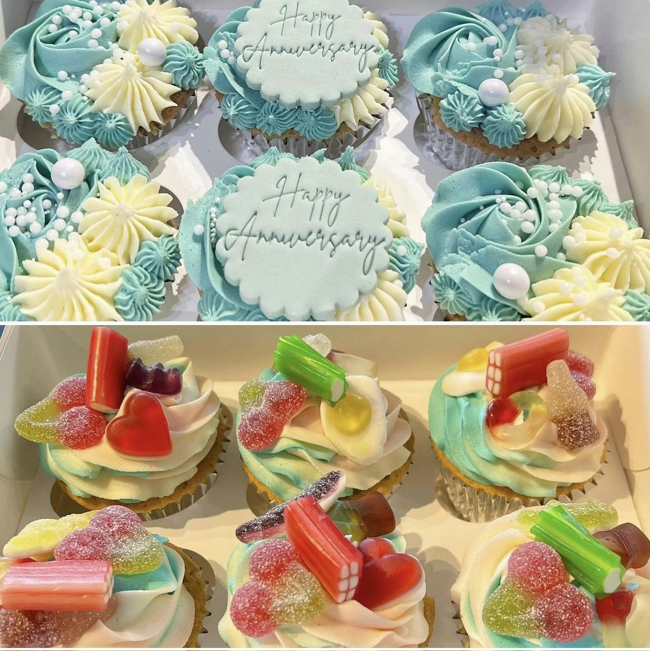Cupcakes; some with fizzy sweets on top, some with blue and cream frosting on top