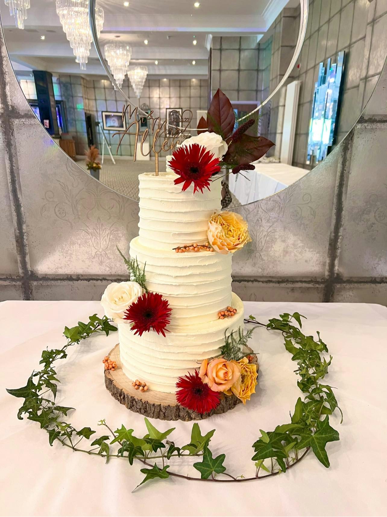 A floral wedding cake at Old Thorns Hotel and Spa